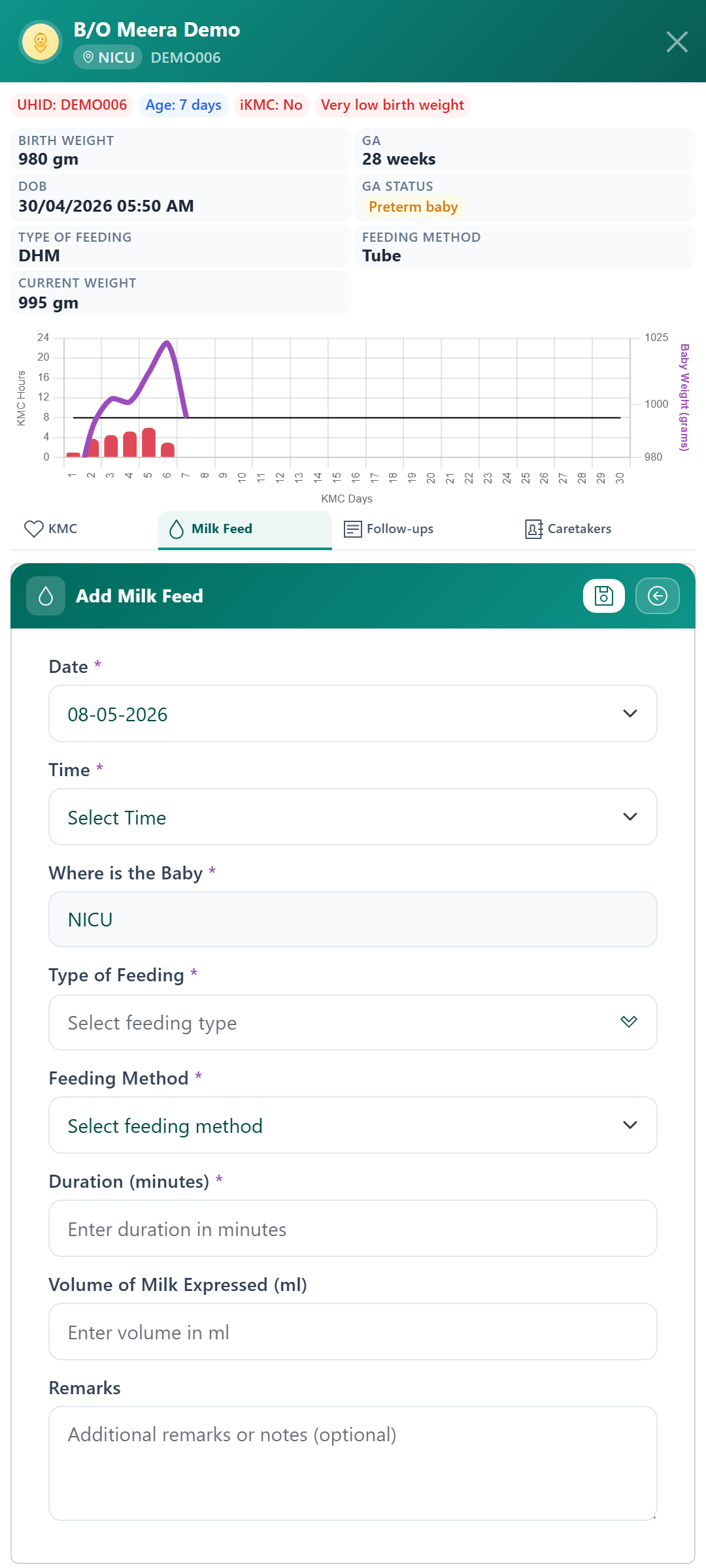 Add milk feed entry form